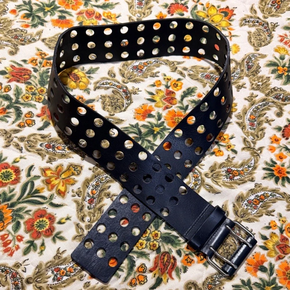 Black Genuine Leather Perforated Wide Belt Made in Italy Double Prong Size M
